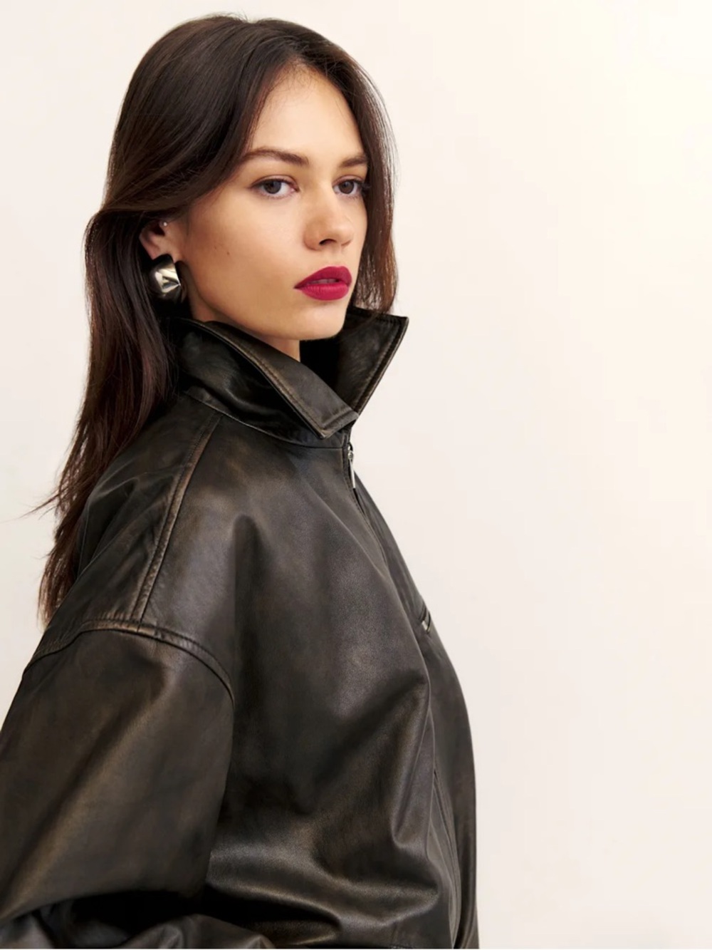Reformation Veda Marco Leather Oversized Bomber Pit Stop Brown Jacket - Picture 4 of 16